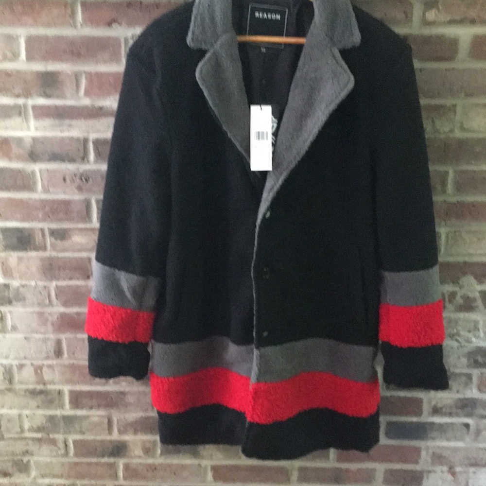 Color blocked black, red and gray Sherpa three button coat, by Reason, XL, NWT